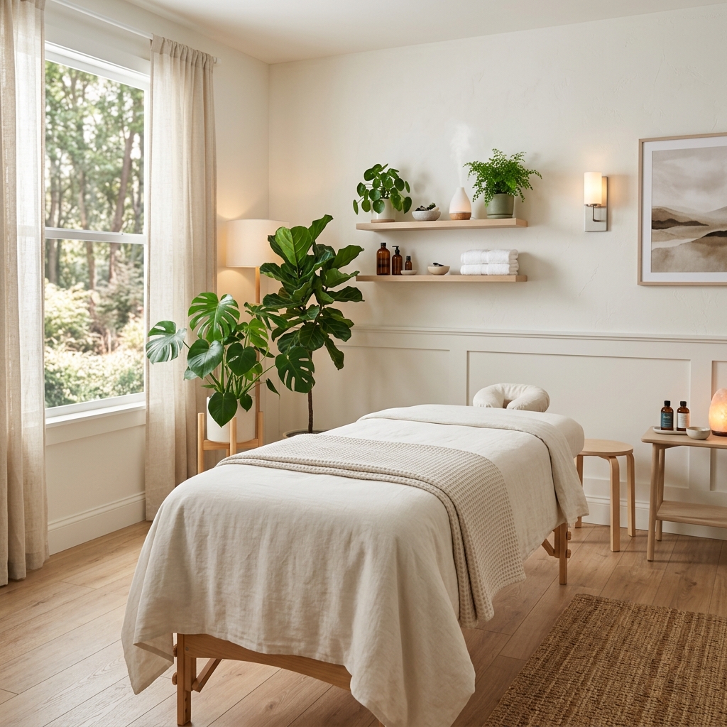 Bright minimal therapy room with wood and plants